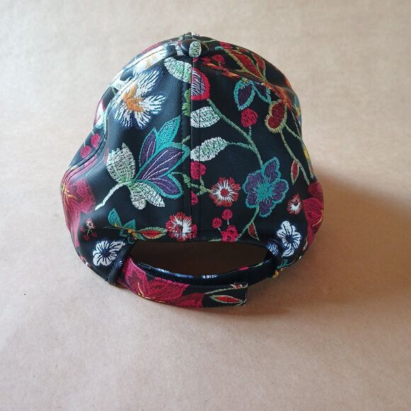 Floral Black Faux Leather Adjustable Closure Baseball Hat Cap - Picture 4 of 7